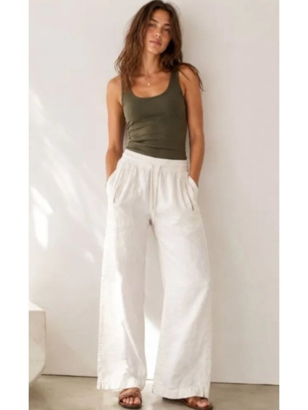 NEW Athleta Retreat Wide-Leg Linen Pants White Pull-On Large Petite Resortwear